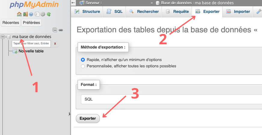 Exporter fichier SQL via PHPMyAdmin pour mettre à jour WordPress manuellement